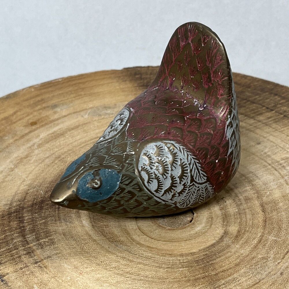 Vintage Colorful Painted Brass Bird Paperweight Figurine Red White Blue
